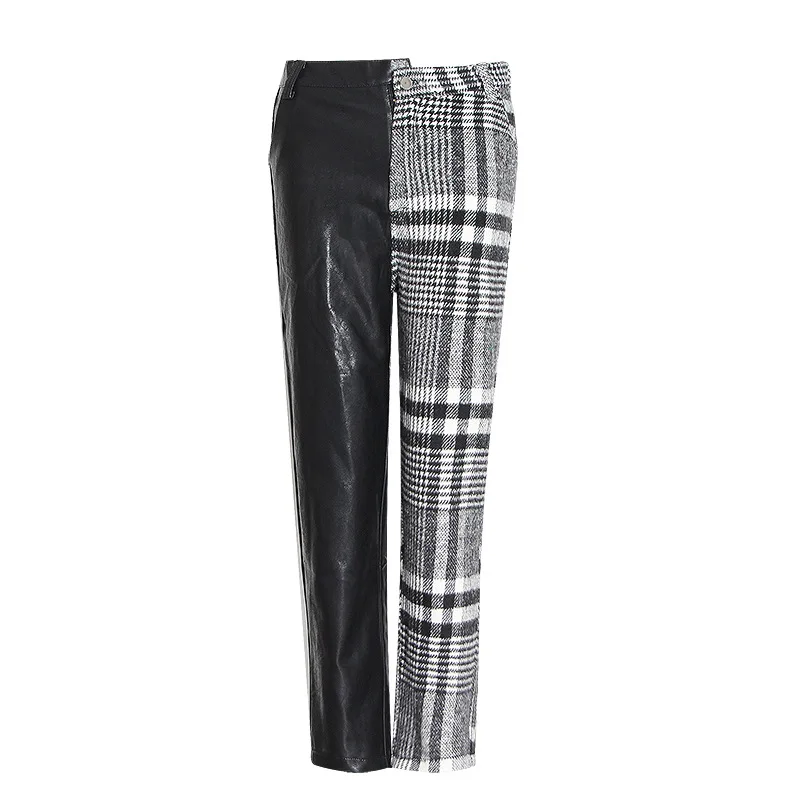 

SuperAen 2023 New Color Contrast Plaid Patchwork Ankle-Length Pants PU Leather Asymmetric High Waist Women's Straight Pants