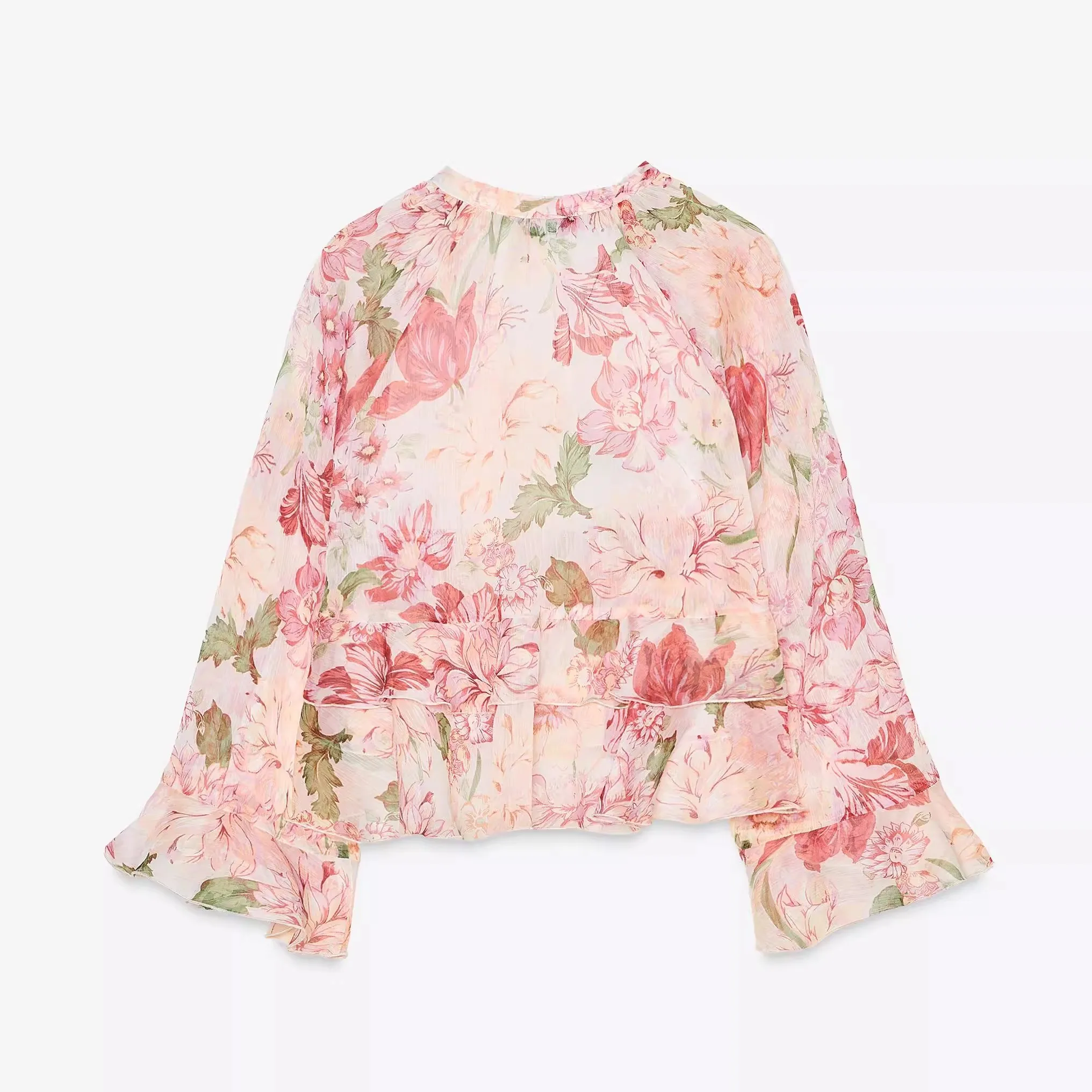 

Faionable Layered Decorative Print irt Women's Summer New Design Sense Loose Fit Bell Sve V Ne Single Button Closure