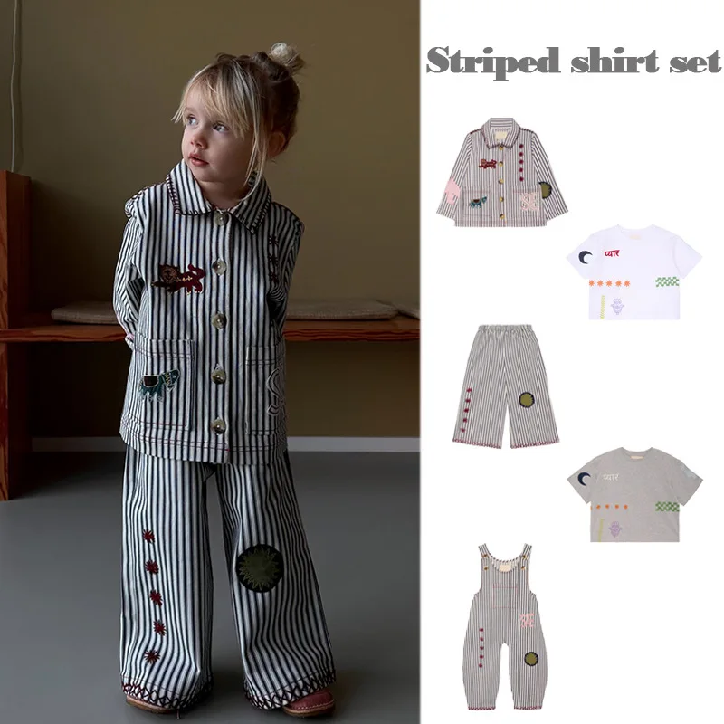 Children's T-shirt 2026 Summer Ins Girls Heavy Embroidery Striped Jacket Top with Belt Pants Set Kid Overalls