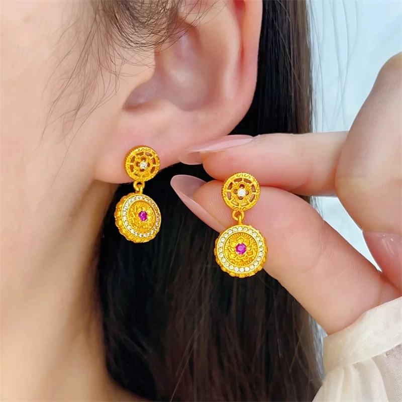 

Women's 24K Au999 Real Gold Ancient Craft Lotus Earrings, Pink Gemstone & Zircon Inlaid, Dangle Ear Jewelry Gift