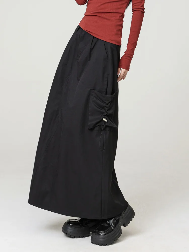 Harajuk Black American Retro High Waist A-line Long Skirt Women Y2K Street Drawstring Pocket Cargo Skirt Jupe Longue Femme