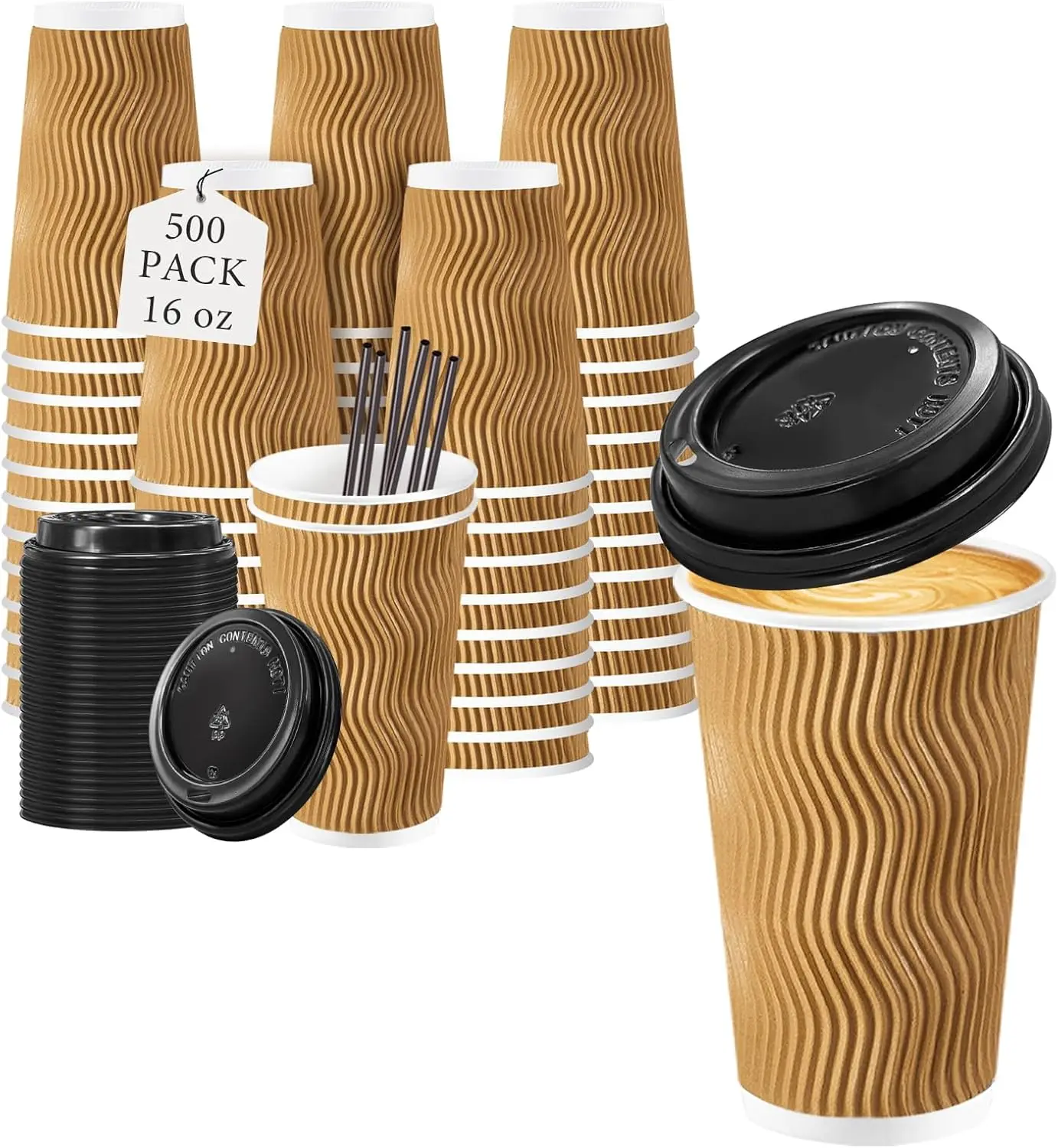 

500 Pack Disposable Coffee Cups with Lids, 16 oz Insulated Hot Cups To Go Paper Coffee Cups with Lids and Straws, Corrug