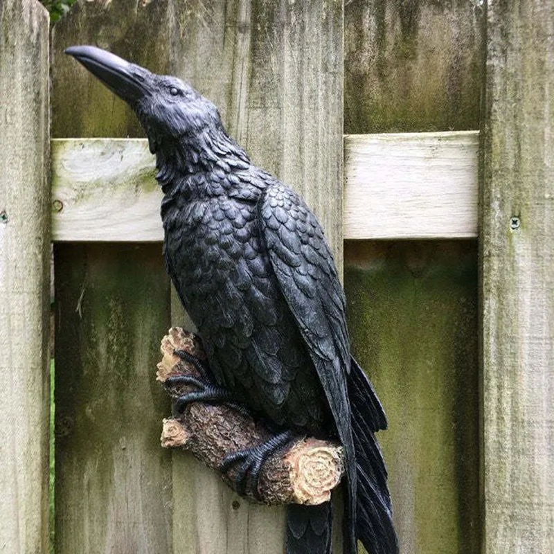 Crow Perch Wall Sculpture Garden Wall Hanging Ornament Black Raven Statue Craft