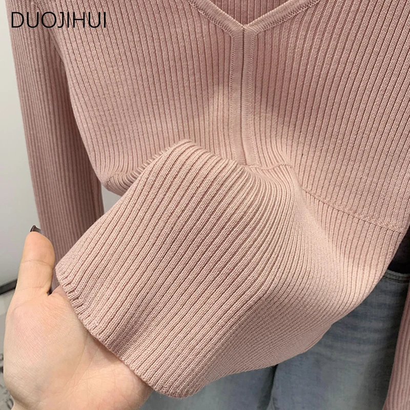 DUOJIHUI farina d'avena Chicly scollo a v lavorato a maglia vita sottile pullover femminili autunno Basic manica lunga moda pullover donna tinta unita