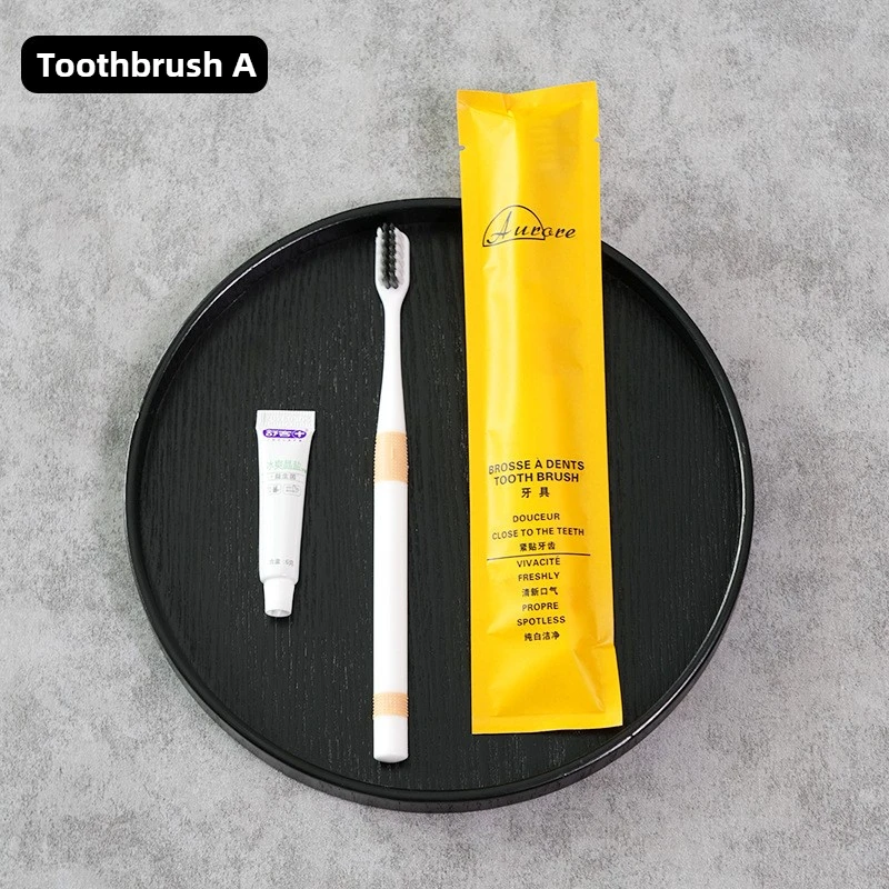 Individually wrapped in yellow kraft paper, disposable supplies high-end Japanese toothbrush, B&B slippers, shampoo, body wash.