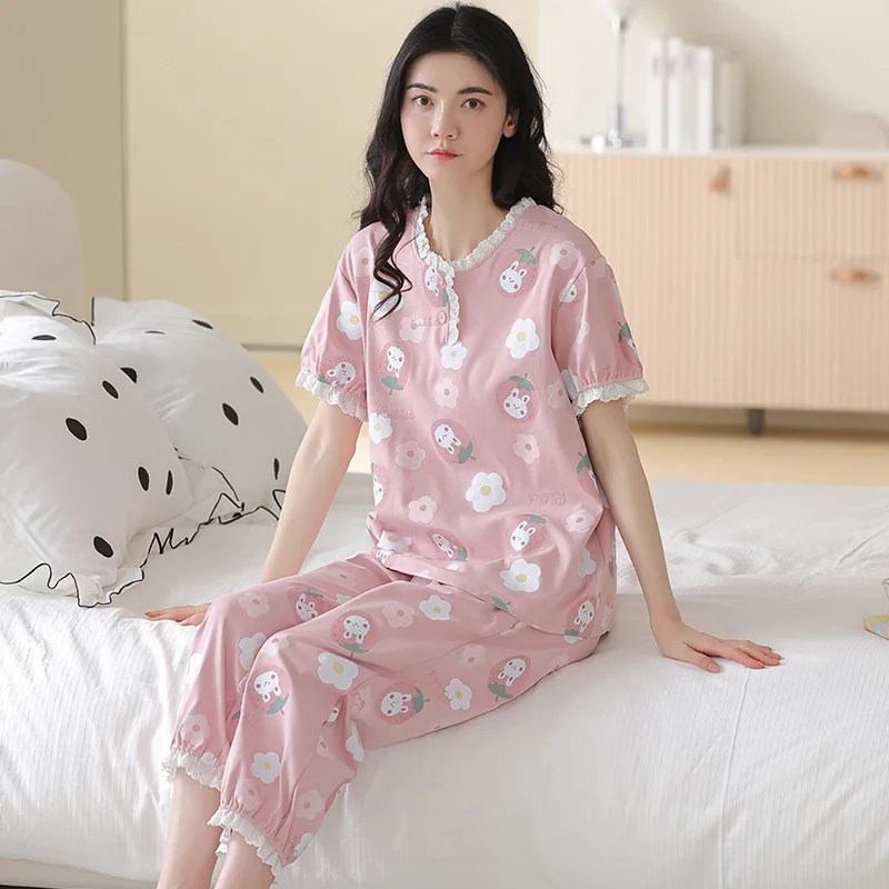 Spring And Summer Women\'s Pajamas Short Sleeve Capri Pants Girls Vintage Home Clothes Cotton Loose Casual Suit Summer