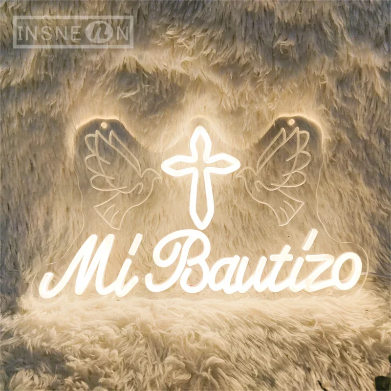 ミ・バウティゾ-ネオンサイン-ウォームホワイト-宗教-クロス-ネオンライト-祝賀-キリスト教-パーティー-アート-ウォールデコ-ギフト-usb調光可能