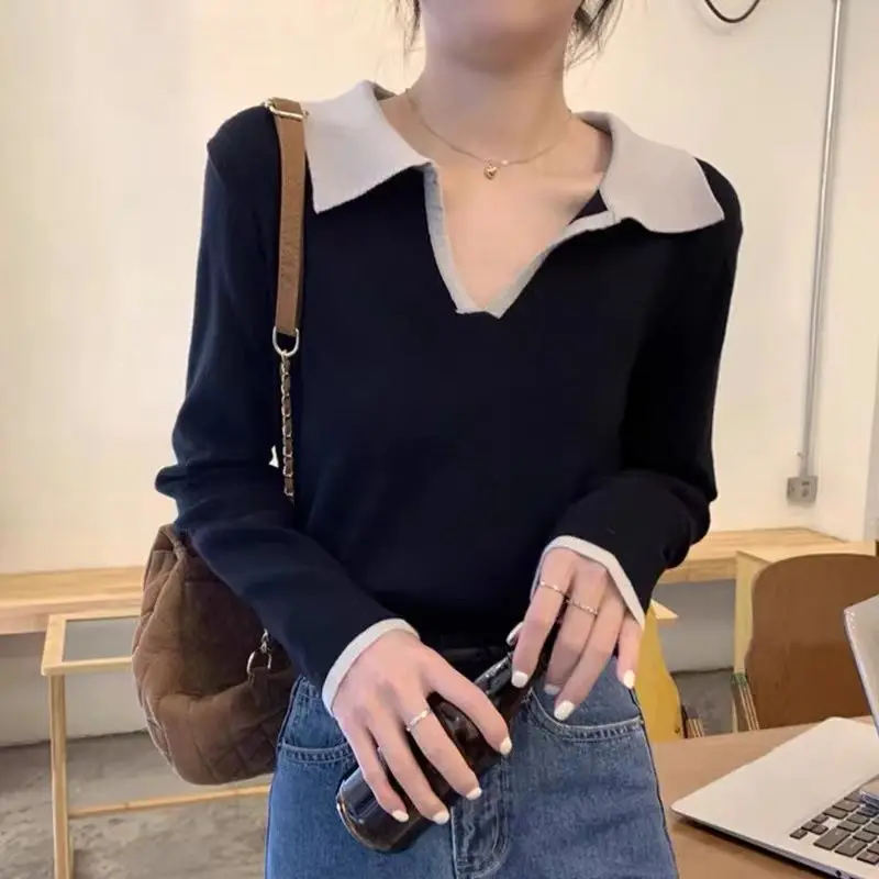 Vintage Polo Collar Knitting Bottoming Shirt Women Autumn Winter Loose Solid Color Long Sleeve Sweater All-match Casual Knitwear