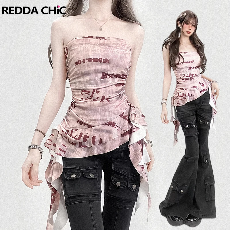 

Женский укороченный топ REDDACHiC с рюшами и бахромой, в стиле Y2K, модный, с асимметричным принтом тай-дай, эластичный, без бретелек, в стиле ретро, на каждый день
