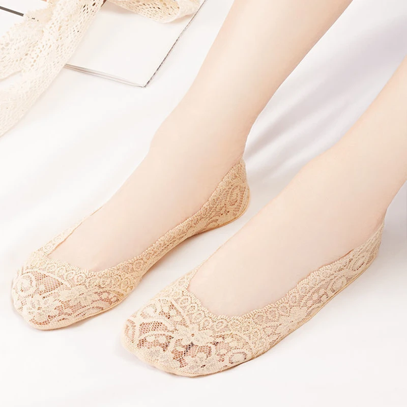 5 Pairs/Lot Socks Women's Ankle Short  No-Show Invisible Foot Summer Thin Cotton Set White Low Cut Boat Lace Silicone Non-Slip image 3