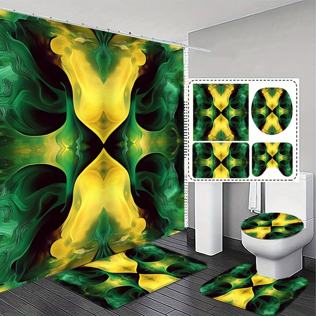 

4pcs Trendy Green and Yellow Abstract High Quality Shower Curtain Set with Matching Non-Slip Bath Rugs and Toilet Lid Cover