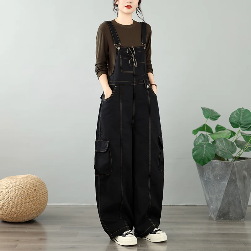 Spring Autumn Loose Slimming Utility Overalls Women's Long Pants One-Piece plus Size Pure Color Slimming Buckle Casual Cotton...