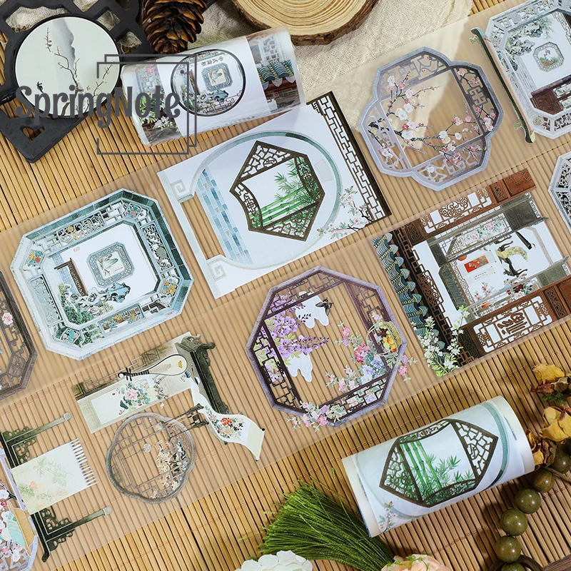 8cm*2m Vintage Chinese Window View PET Washi Masking Tape Decorative Stickers For Scrapbooking Journal Stationery 100cm Loop