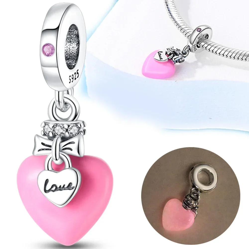 925 Silver Pink Heart Charms  Color Changing Rose Love Beads Fit Pandora Original Bracelet DIY Fine Jewelry Gifts for Women