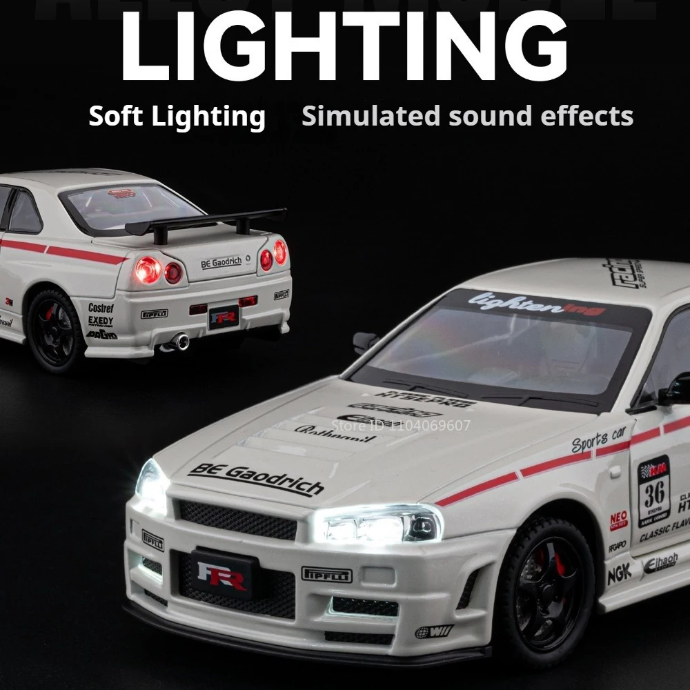 Model samochodu GTR-R34 Supra w skali 1:24, zabawka, odlew ze stopu, z efektami świetlnymi i dźwiękowymi, sportowy samochód z napędem pull-back, miniaturowe pojazdy, dekoracja stołu.