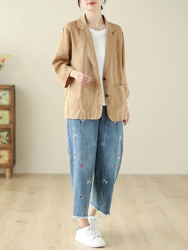 

Retro Artistic Loose Fit Button up Cotton ort Jaet Women's Small Busin Casual Sle Spring Summer New Arrival