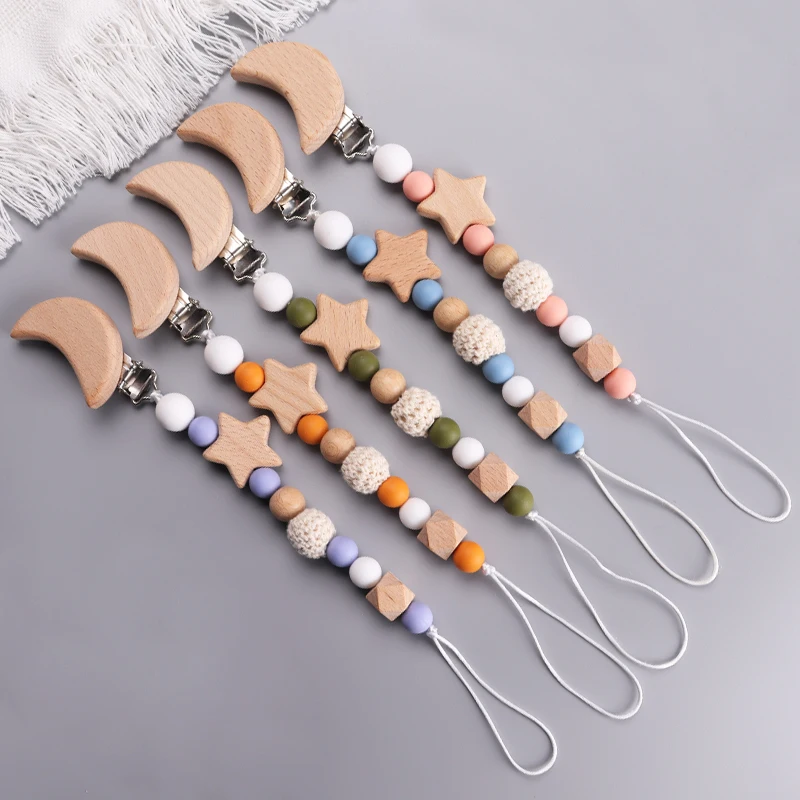 Baby Holz Häkeln Runde Perle Schnuller Kette Holz Mond Dummy Halter Clip Für Baby Beißring Zahnen Kette Pflege Kauen Spielzeug Geschenk