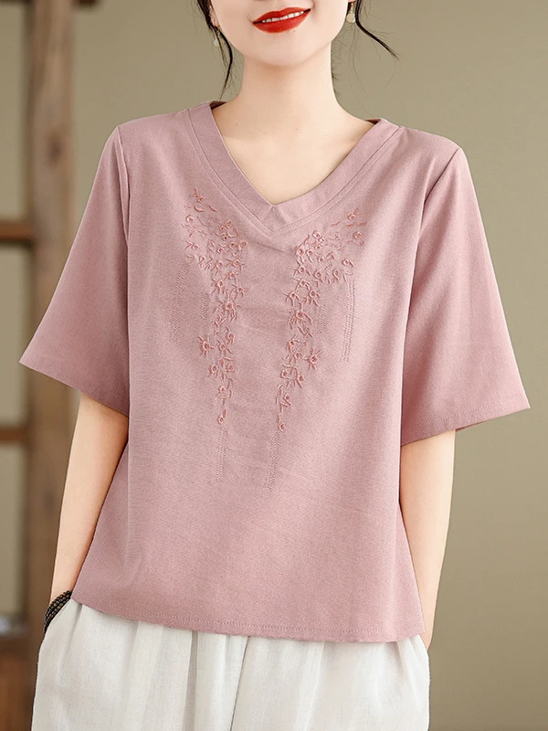 

Новая летняя футболка V-Ne ort Sve с вышивкой, утягивающий хлопковый льняной топ, женская модная солнцезащитная одежда