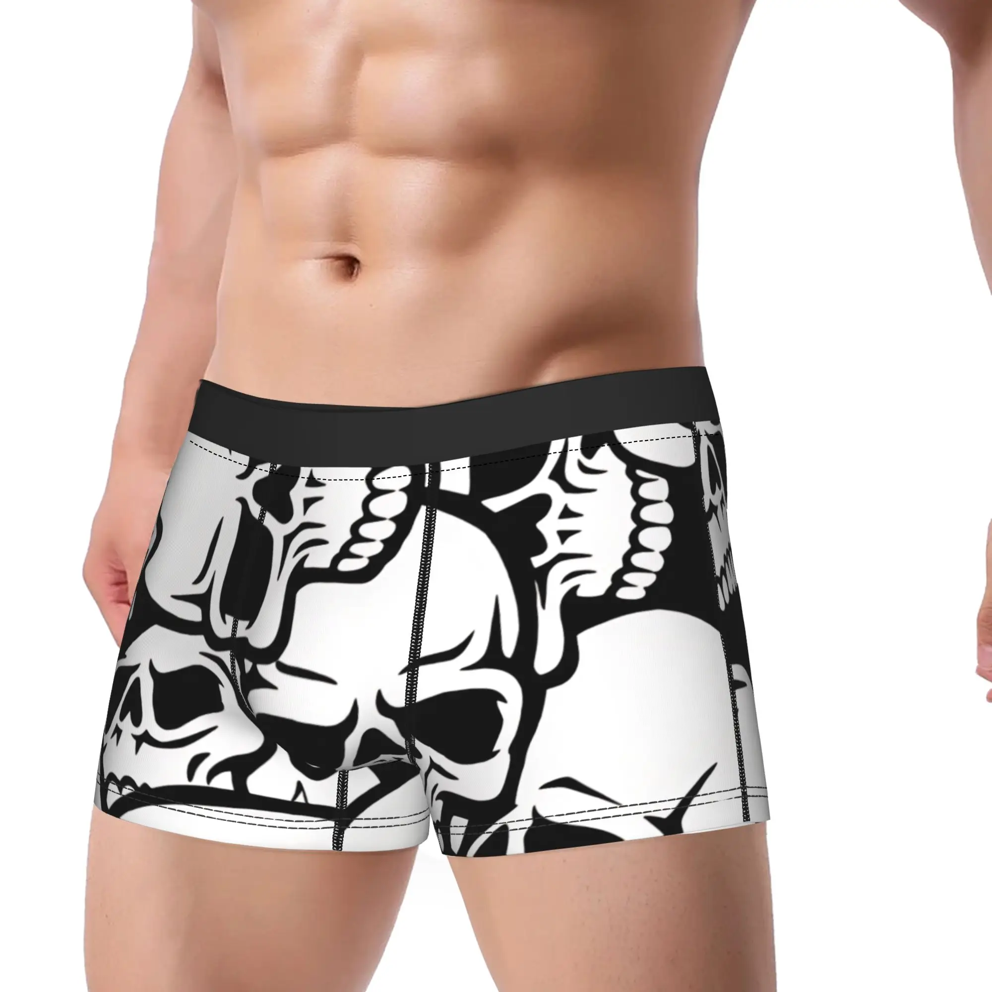 Bold Black White Tattoo Style Skulls Seamless Pattern Underwear  Men's Underpants Novelty Boxer Shorts Shorts Briefs Plus Size