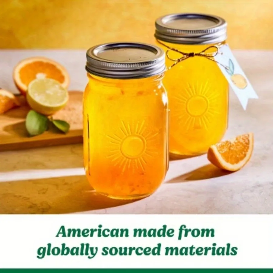 Barattolo di vetro a bocca normale da 16 once, confezione da 4 pezzi, con fascia e coperchio Sunshine