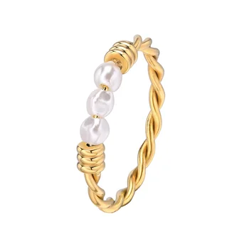 Stainless Steel Twist Braided Pearls Ring for Women Stackable Wedding Engagement Party Jewelry