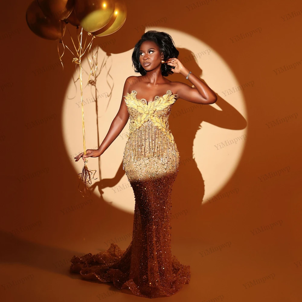 

Beaded Birthday Dress For Woman Mermaid Sleeveless Crystals Aso Ebi Long Cocktail Gowns Sleeveless Sweep Train Customized