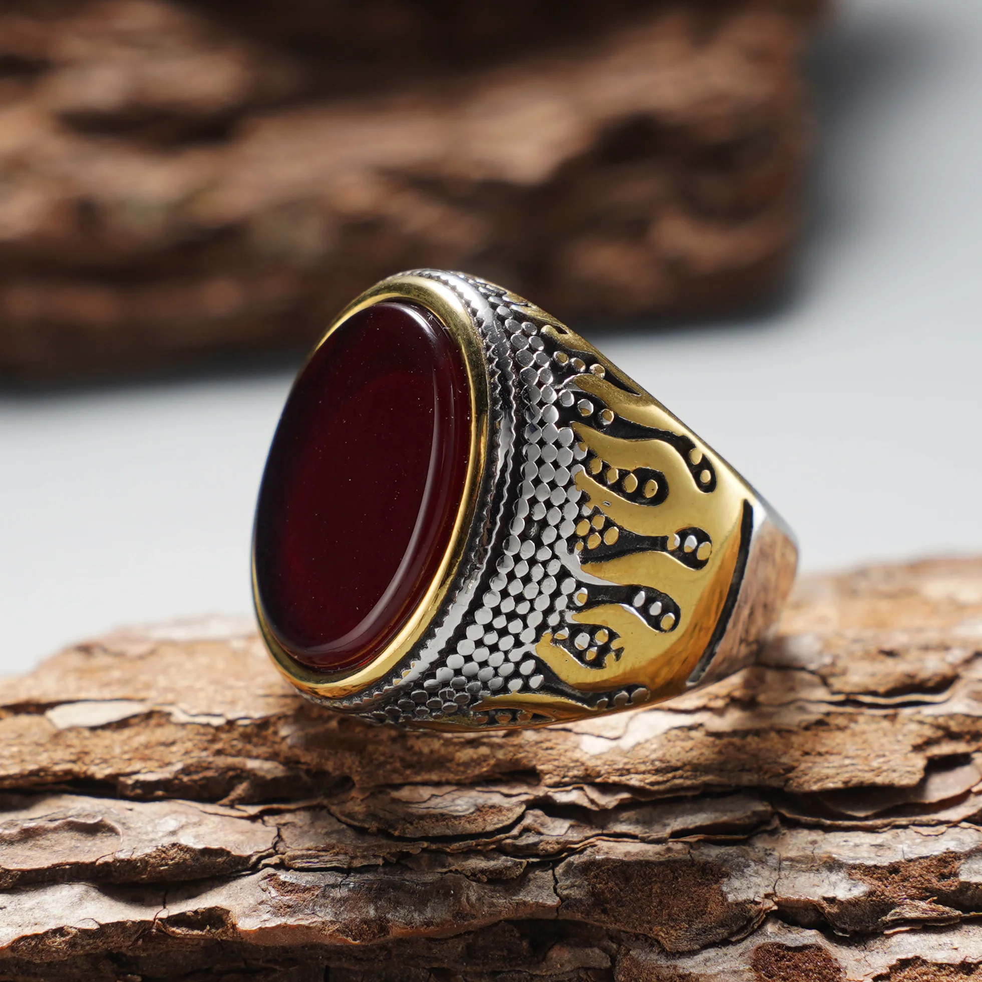 Herren Vintage 316L Edelstahl Zweifarbiger Ring, Eingelegt mit Tigerauge, Temp-Stein, Rotem Achat und Schwarzem Achat, für Tägliches Tragen und als Geschenk – Detail 5