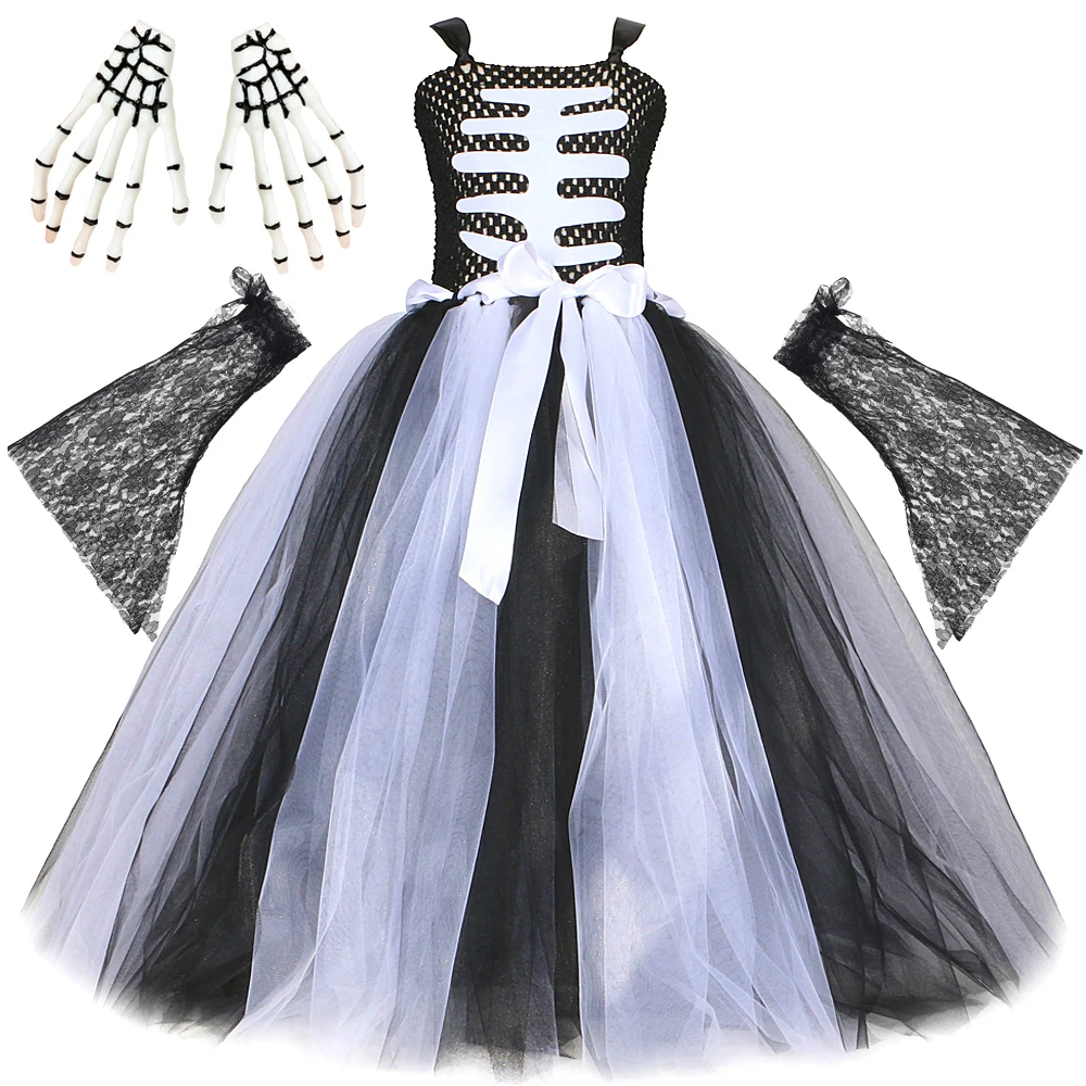 Assustador vestido longo tutu fantasma para meninas, esqueleto preto, traje branco de Halloween infantil morto do dia, roupa de carnaval com mangas de renda