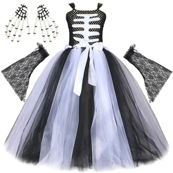 White Black Skeleton Halloween Costumes Girls Scary Ghost Long Tutu Dress Kids Dead of the Day Carnival Outfit with Lace Sleeves