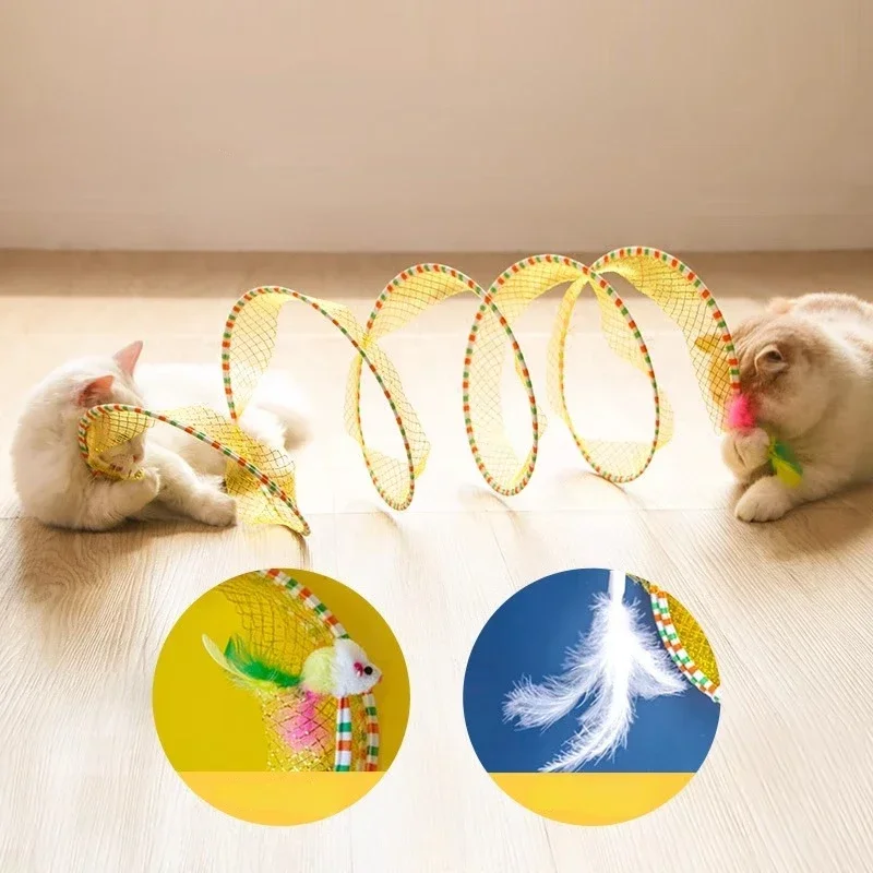 Cat Tunnel Spring Toy Foldable Interactive Cats Tube Tunnel with Feather Mouse Toys Pet Kitten Cat Toy