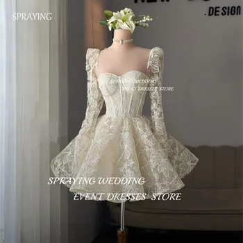 스프레이 우아한 연인 레이스 플라워 웨딩 원피스, 미니 짧은 A 라인 신부 가운, 긴 소매 웨딩 로브, 맞춤형 코르셋