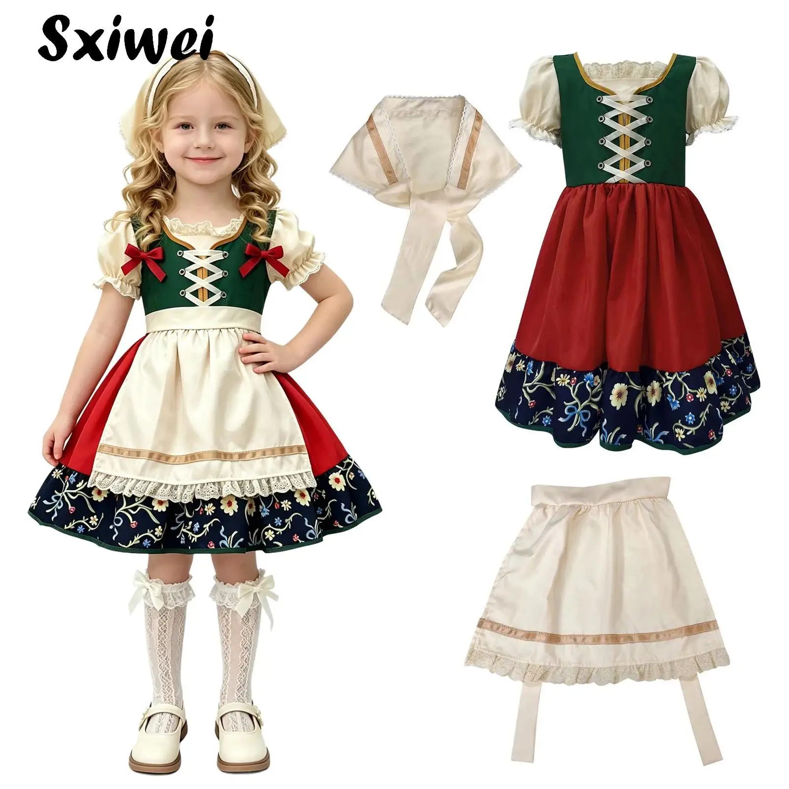 Halloween Beer Festivals Princess Dress Up Outfits Girls Bavarian Oktoberfest Costume Traditional German Puff Short Sleeve Dress
