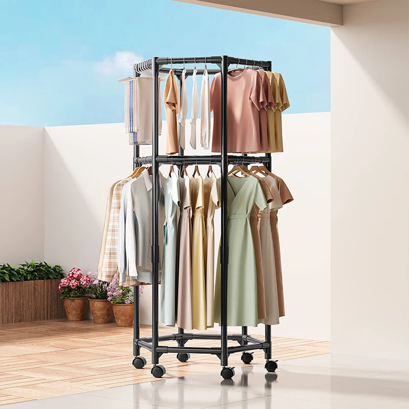 Customizable Large Capacity Metal Cloth Rack Double Movable Hexagonal Clothes Drying Rack Wheeled Coat Organizer for Balcony