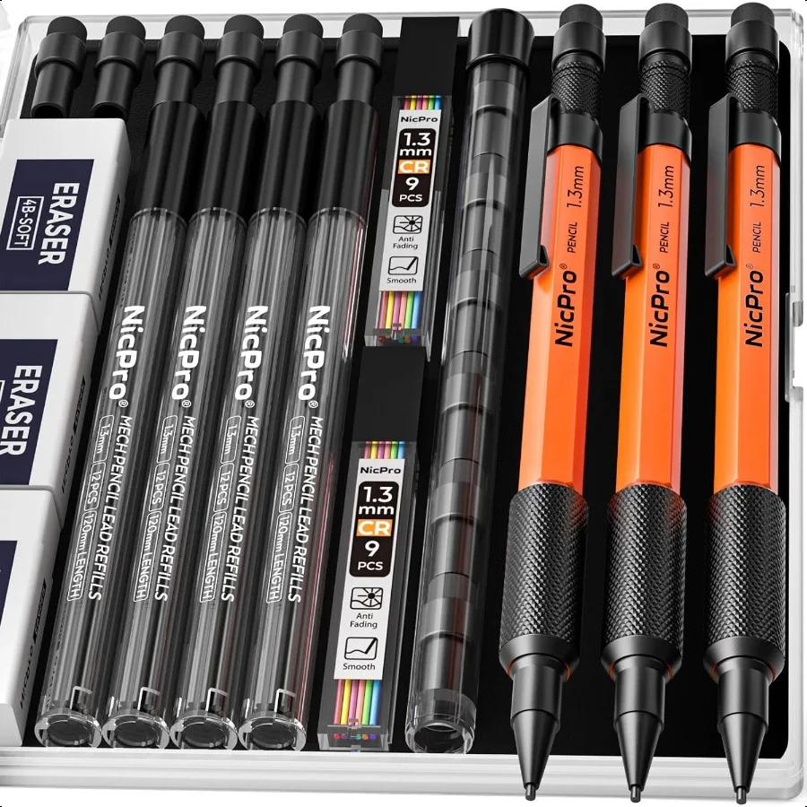 

3 PCS 1.m Orange Mechanical Pencils Set with 66 Lead Refill 3 Eraser Weatherproof Metal Barrel Heavy Duty Carpenter Pencil MP20