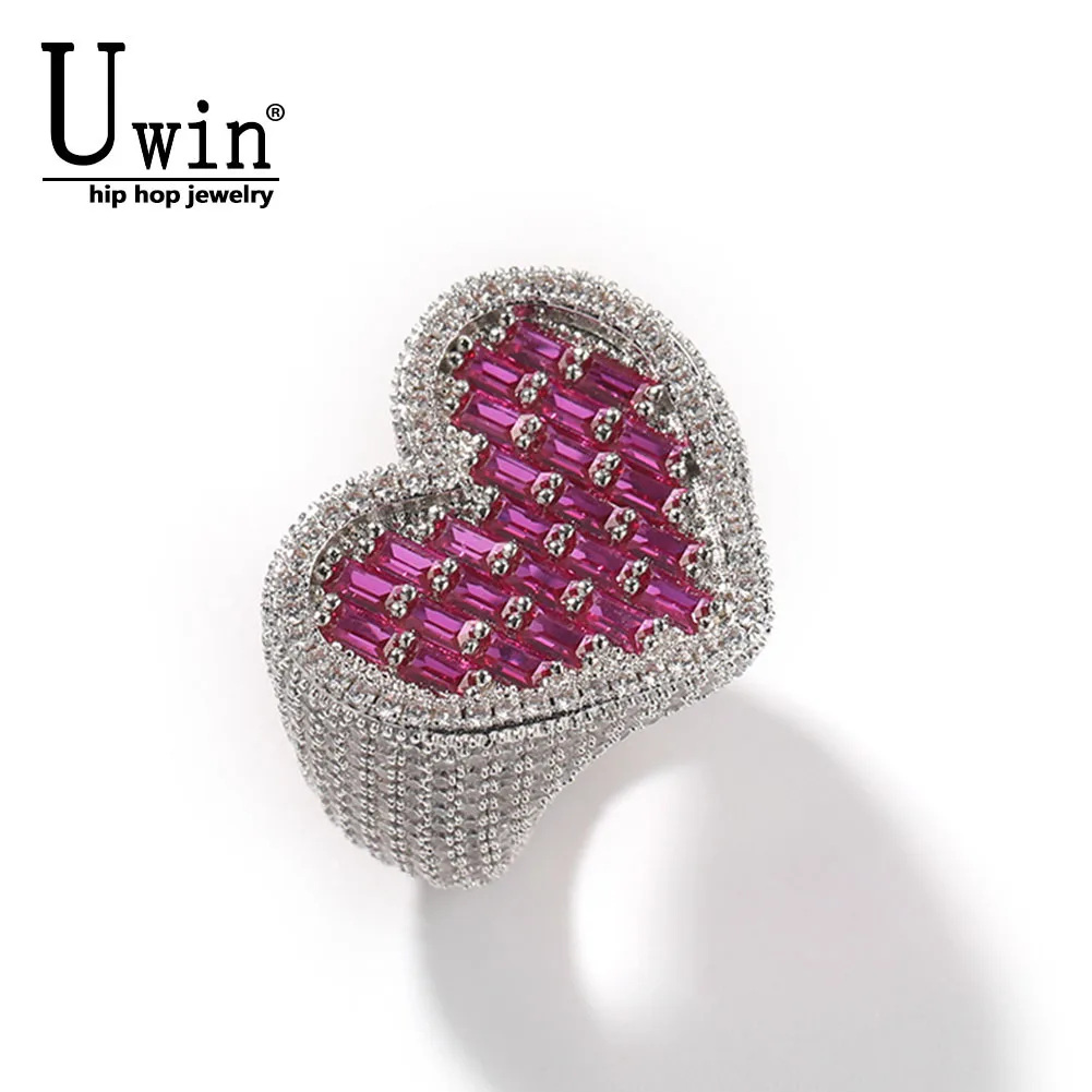 Uwin Heart Rings Wide Big Baguette Full Paved Out Square Cubic Zirconia HipHop Ring Delicate Punk Jewelry For Men And Women