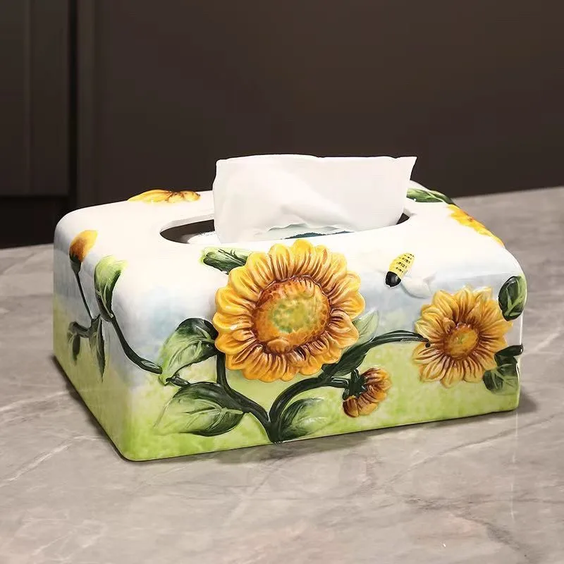 صندوق مناديل سيراميك عباد الشمس على الطراز الأوروبي الجديد، صندوق ورقي لتزيين طاولة القهوة المنزلية #5