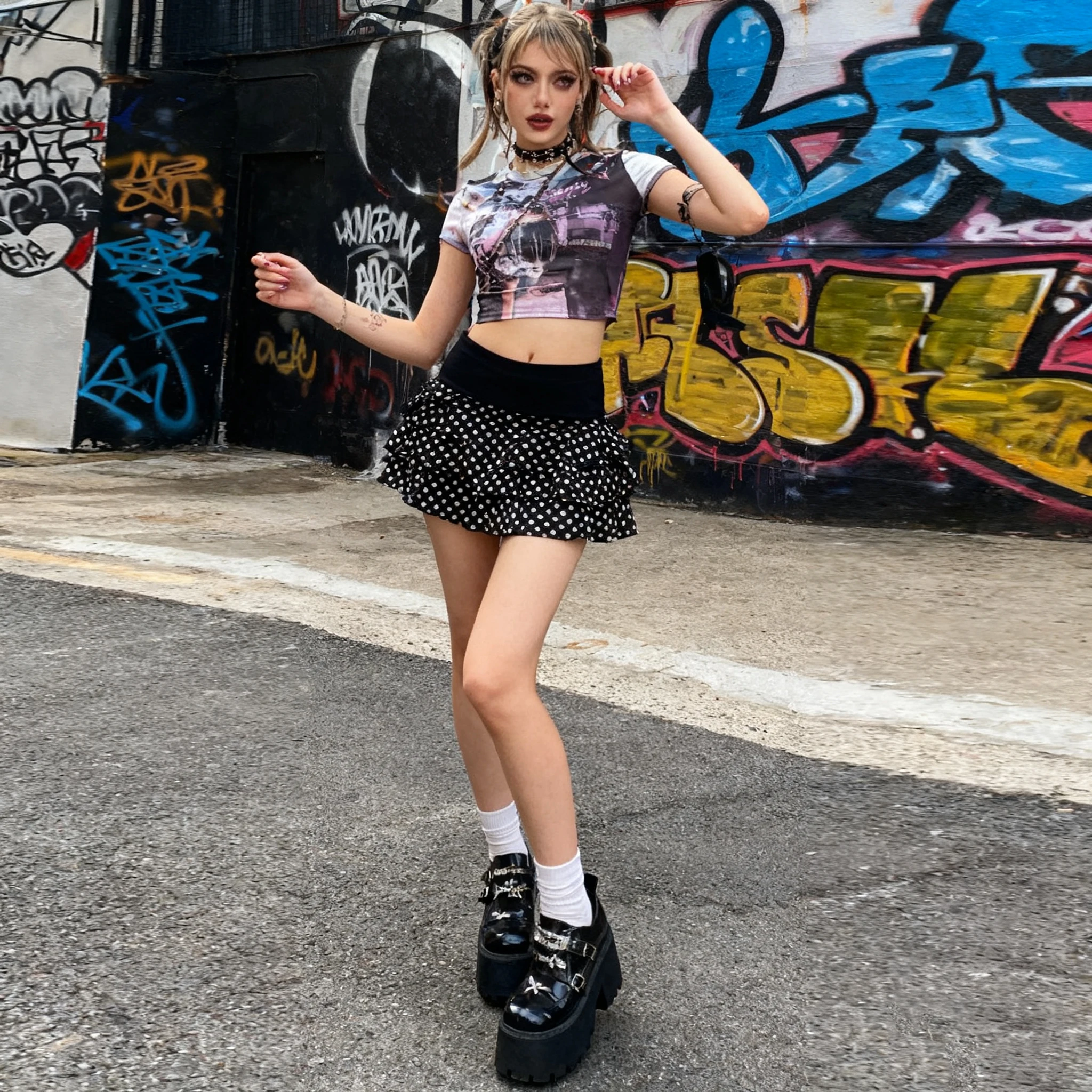 

American spicy girl street retro polka dot printed half skirt Y2K Harajuku style elastic waist A-line skirt Millennium style