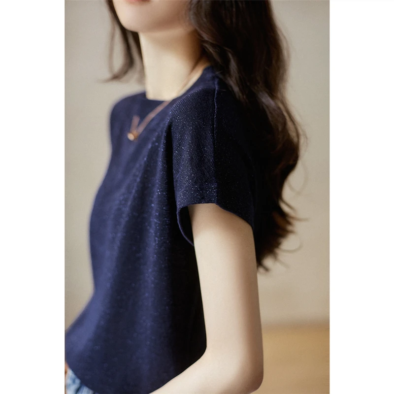 bright silk knit short sleeve women loose ice silk T-shirt summer wear new Korean linen round collar versatile thin jacket