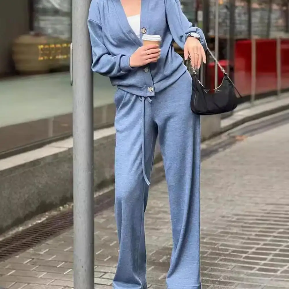 Women Shirt Pants Set Women's V Neck Knitted Shirt Wide Leg Trousers Set Long Sleeves Loose Top with Drawstring for Casual