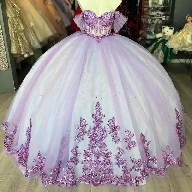 فستان Quinceanera الأرجواني الفاتح للفتيات ، فستان حفلة سندريلا ، زينة الأميرة المكسيكية ، عيد ميلاد 16 حلو ، 15 سنة ، لامع