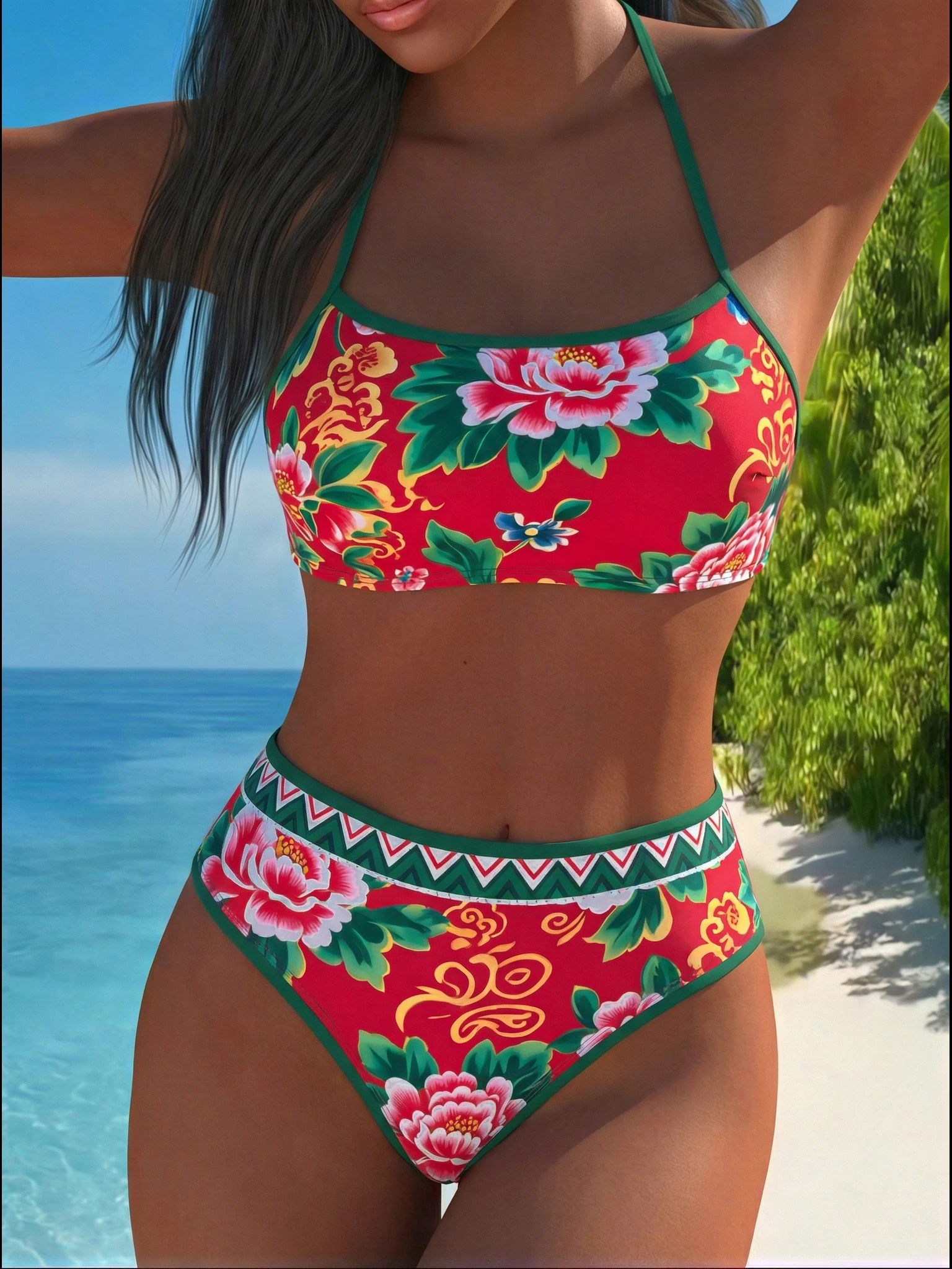 Women's Red Floral Print Bikini Set, Halter Neck Top with Contrast Trim High Waist Bottom 2 Piece Swimwear