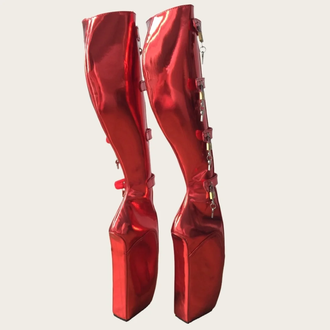 Women's Red Metallic Patent Leather Platform Ballet Heel Boots Buckle Lock Detail Knee-High Design Bold Edgy Style for Outfits