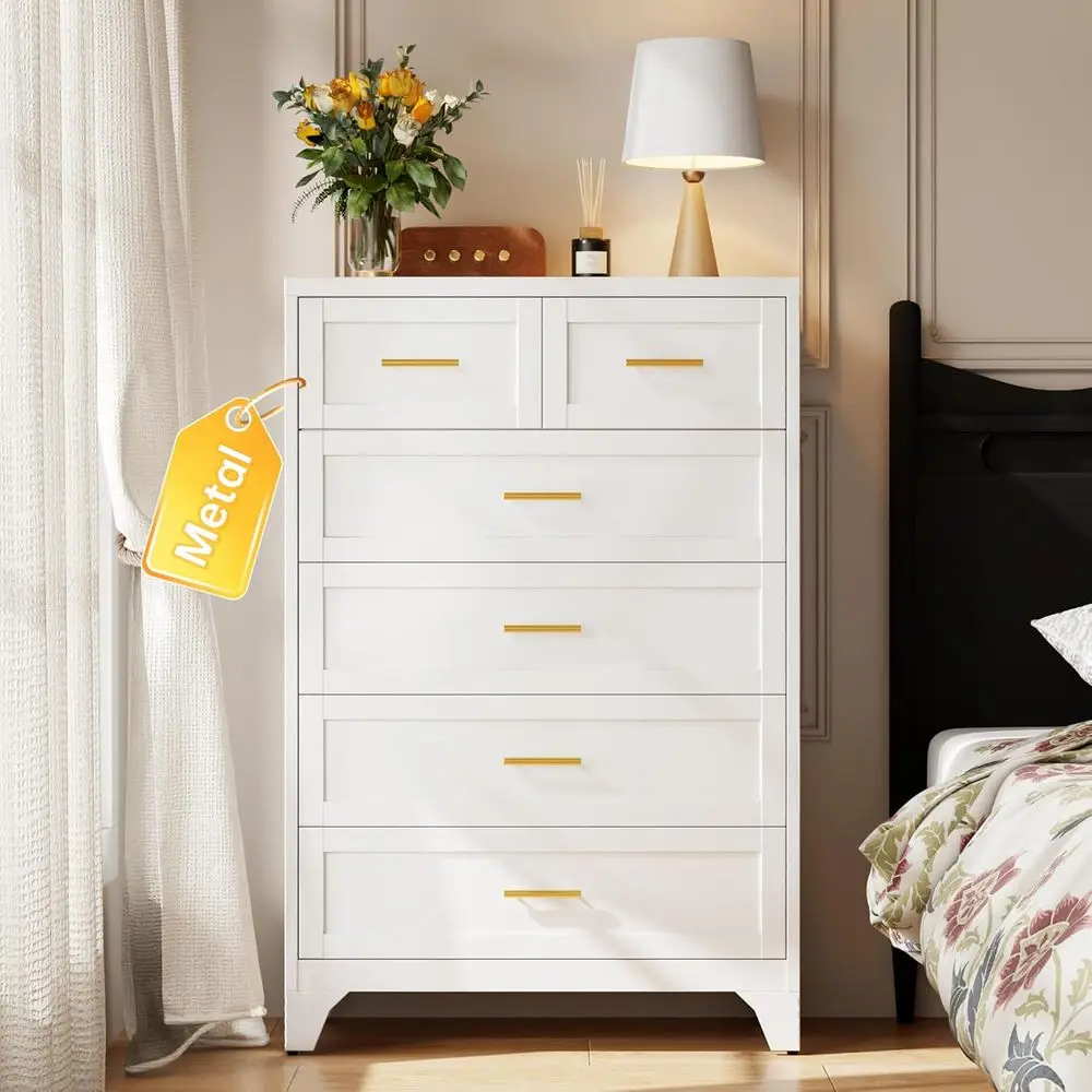 Cassettiera bianca contemporanea a 6 cassetti, 48 alte, portaoggetti verticale per camera da letto, spazi abitativi