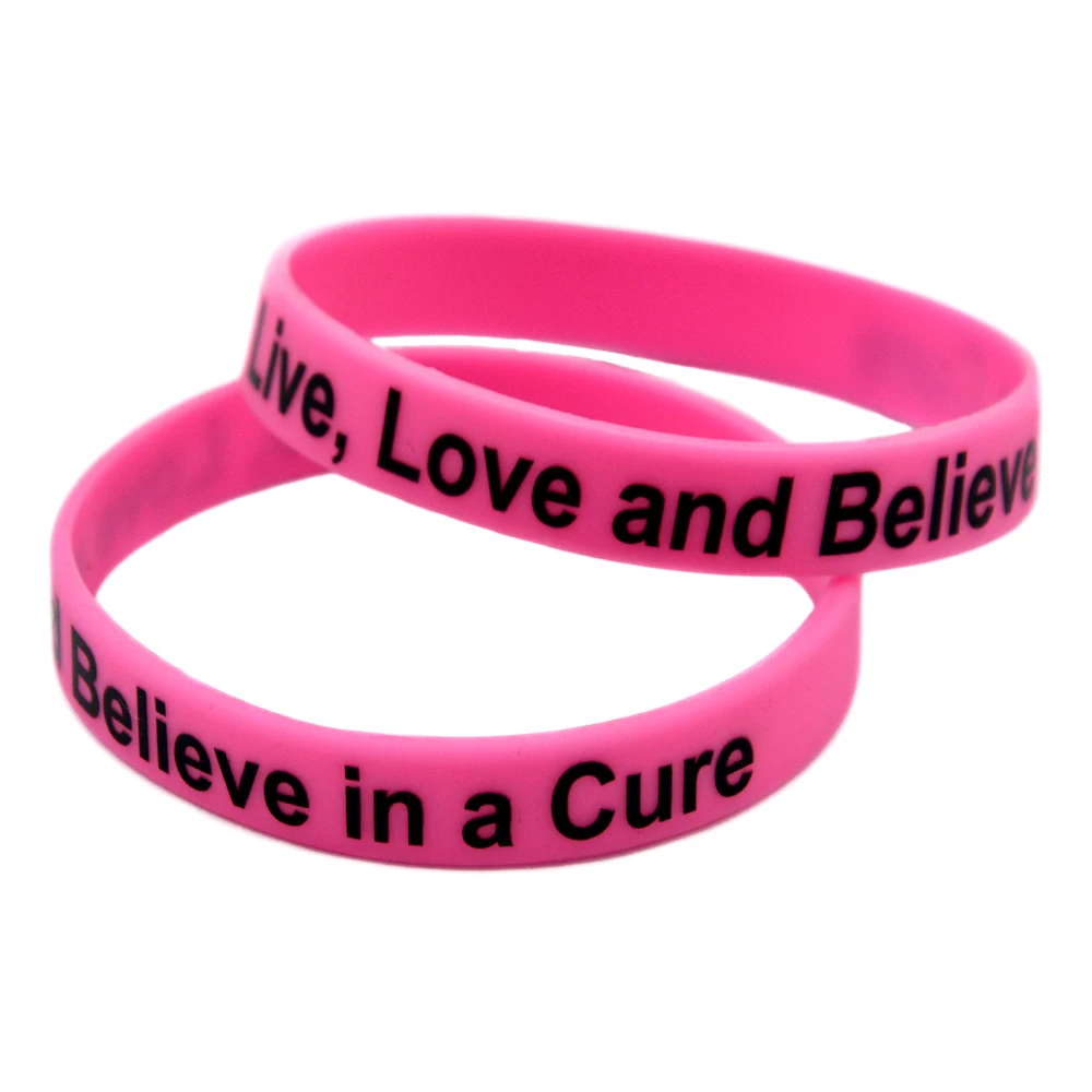 1 PC Printed Live Love and Believe in a Cure Cancer Silicone Rubber Wristband Pink