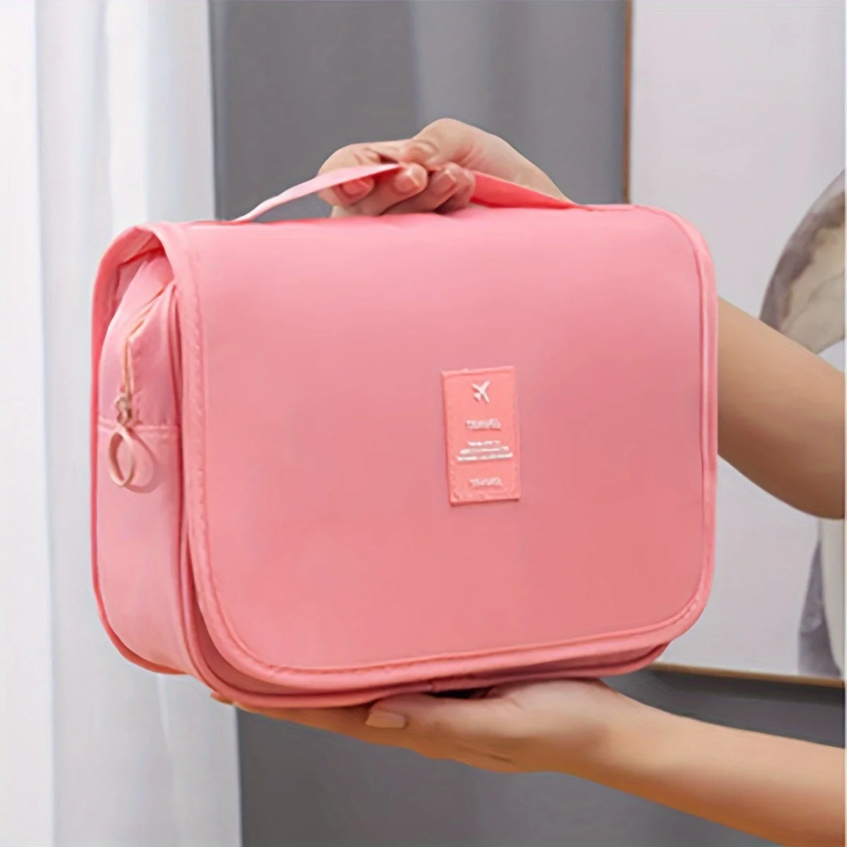 Neceser de viaje para mujer, organizador de cosméticos plegable para montaje en pared con separación en seco/húmedo, estuche de maquillaje colgante portátil