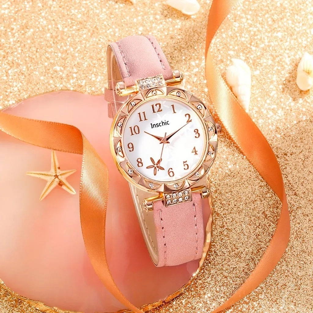 6pcs/set Women\'s Round Dial Watch Rhinestone   Starfish Pattern Pink Belt Quartz   Heart-shaped Jewelry Set