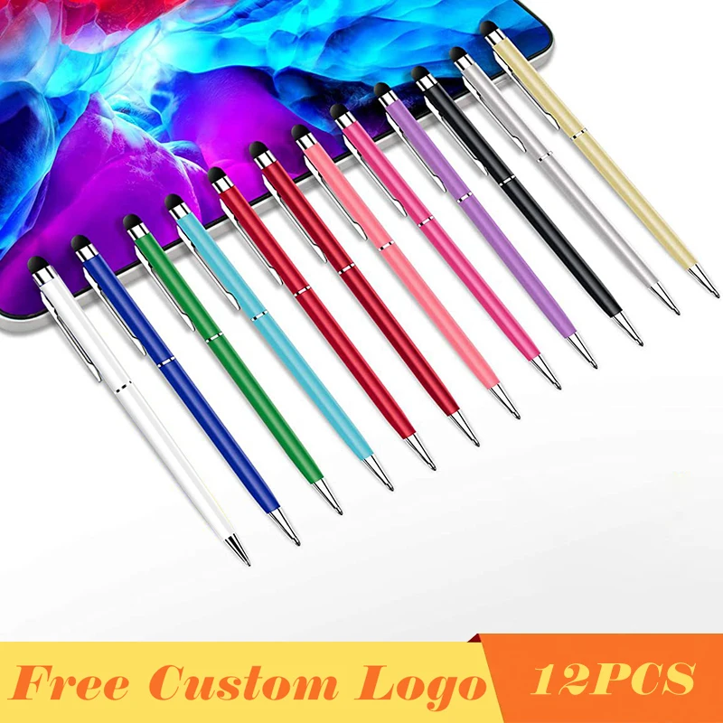 12pcs/lot Metal Ballpoint Pen Multi-color 0.7 mm Black Ink Roller Pens 2 In 1 Fiber Point Stylus Engraved Gifts Free Custom Logo