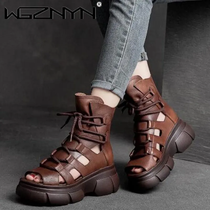 Genuine PU Leather Zip Retro Shoes Women Sandals 2022 New Ankle Boots Summer Handmade Hollow-out Lace-up Casual Platform Sandals