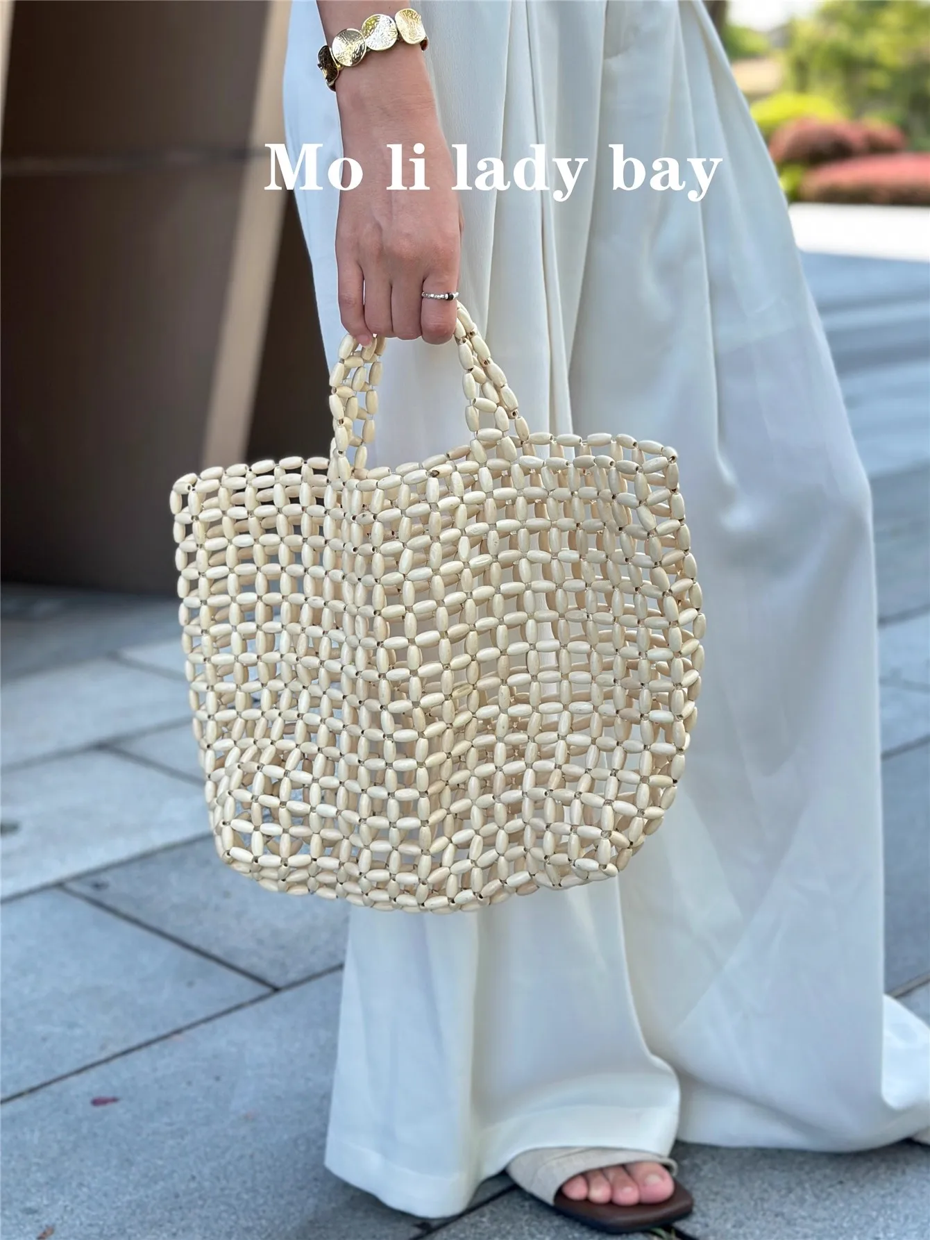 

Wood Beads Beading Handmade Bucket Bag Fashion Hollow Out Women Handbag Large Capacity Shoulder Bag Holiday Vacation Beach Bag