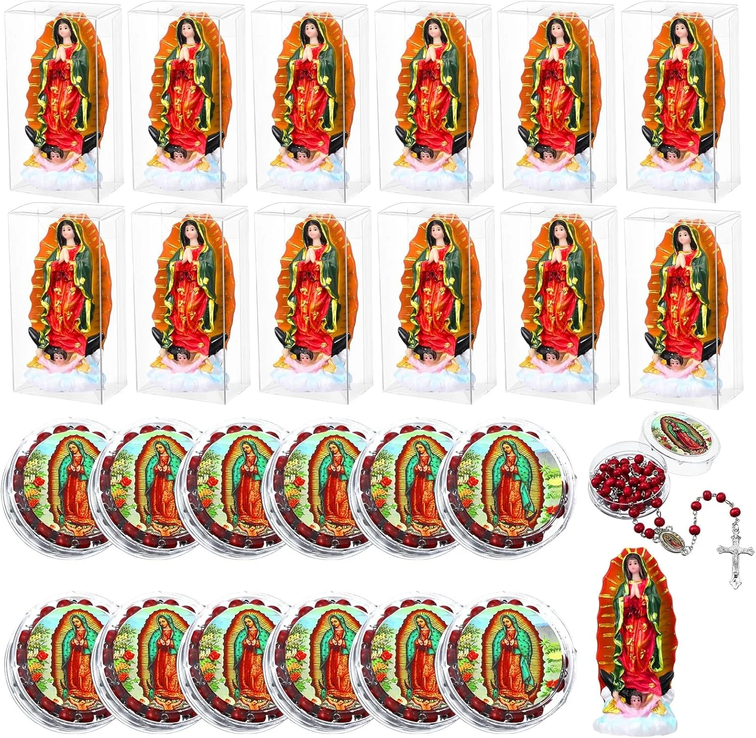 

24 Pcs Our Lady of Guadalupe Statues with Scented Rosary Necklace Resin Virgen De Guadalupe Statues Cross Necklace Small Baptis
